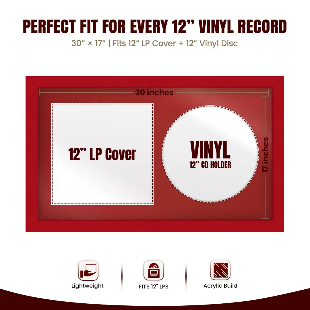 30x17" Modern Red Vinyl Record Frame With Crimson Mount | Side by Side 12" LP Cover & Disc Display thumbnail 3