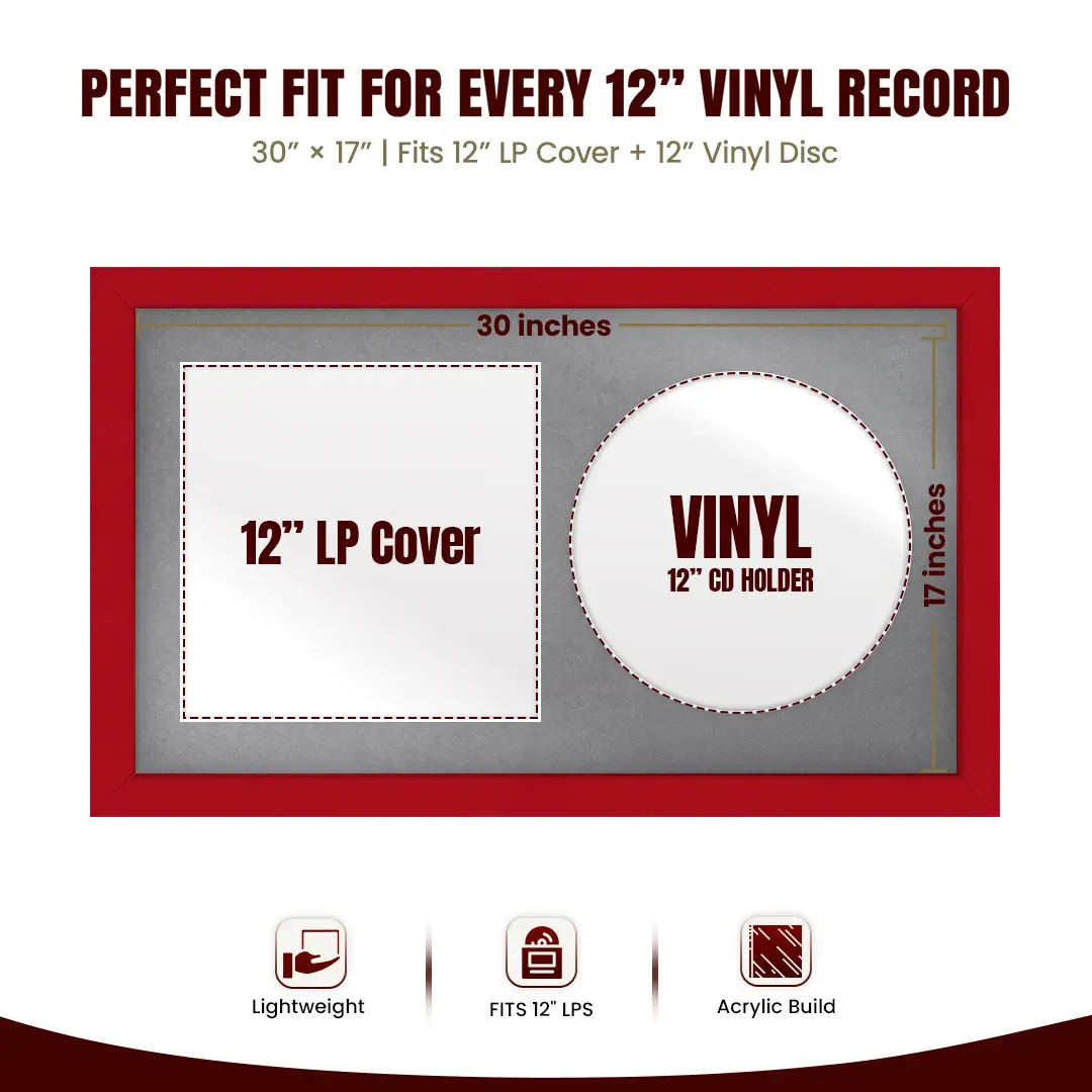 30x17" Modern Red Vinyl Record Frame With Mid Grey Mount | Displays 12" LP Cover & Disc Side by Side thumbnail 3