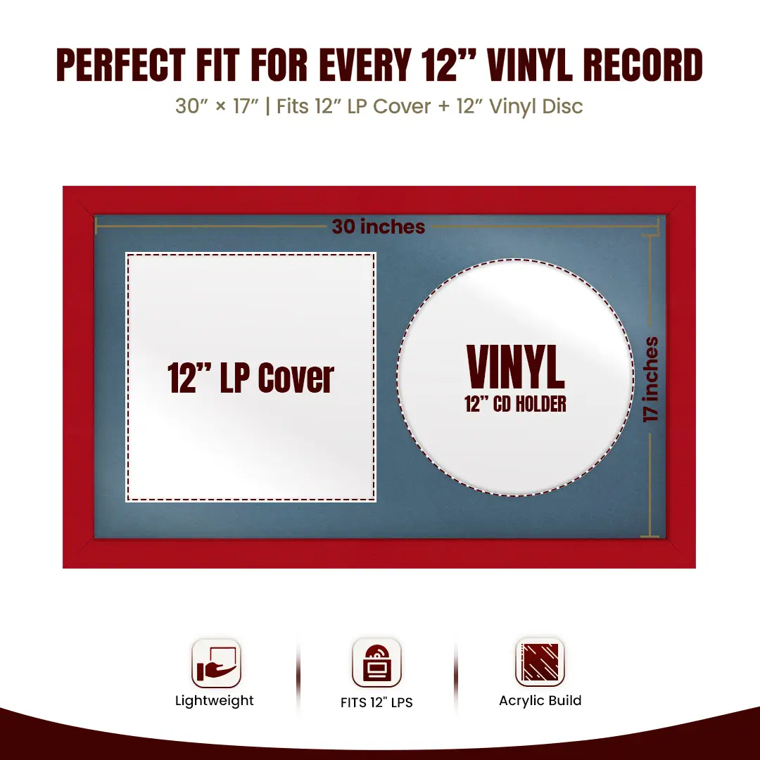 30x17" Modern Red Vinyl Record Frame With Pompador Mount | Displays 12" LP Cover & Disc Side by Side thumbnail 3