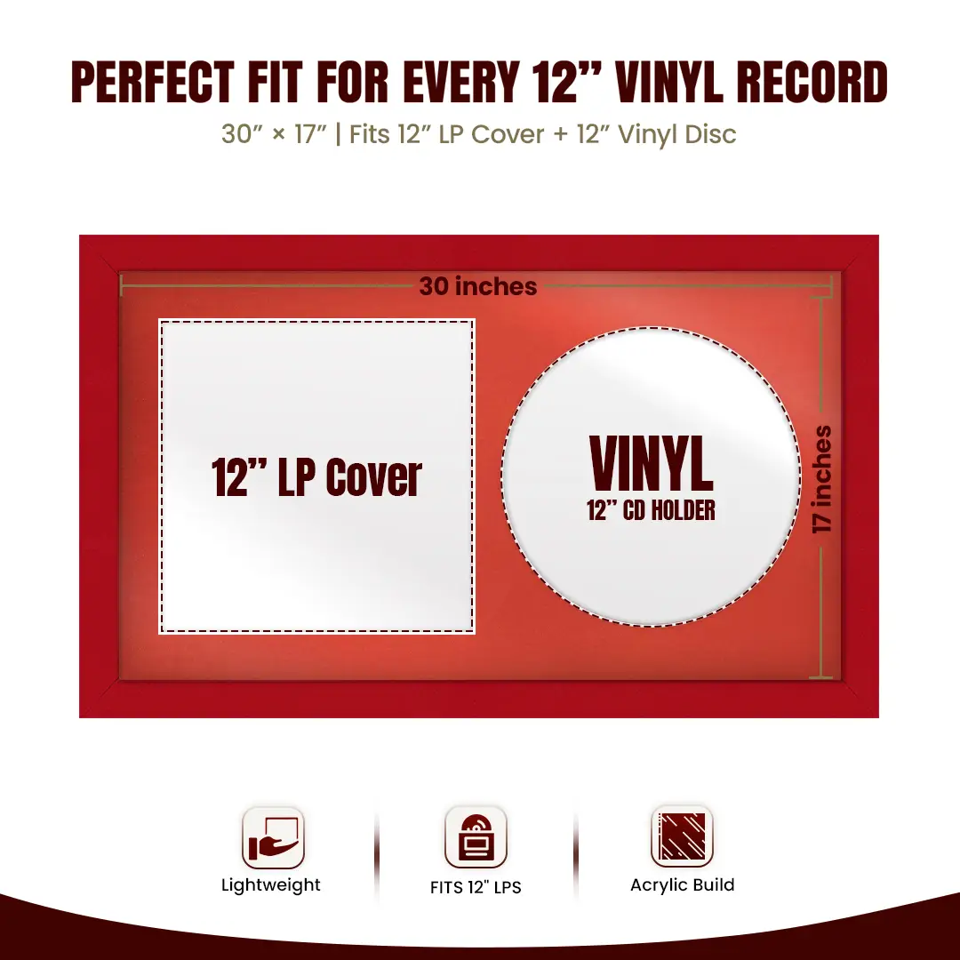 30x17" Modern Red Vinyl Record Frame With Poppy Red Mount | For 12" LP Cover and Disc Side By Side Display thumbnail 3