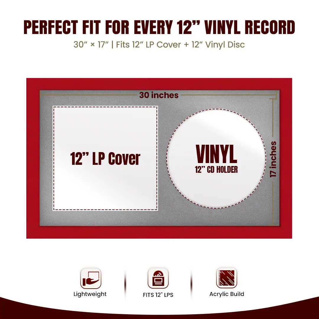 30x17" Modern Red Vinyl Record Frame With Silver Mount | Displays 12" LP Cover & Disc Side by Side thumbnail 3