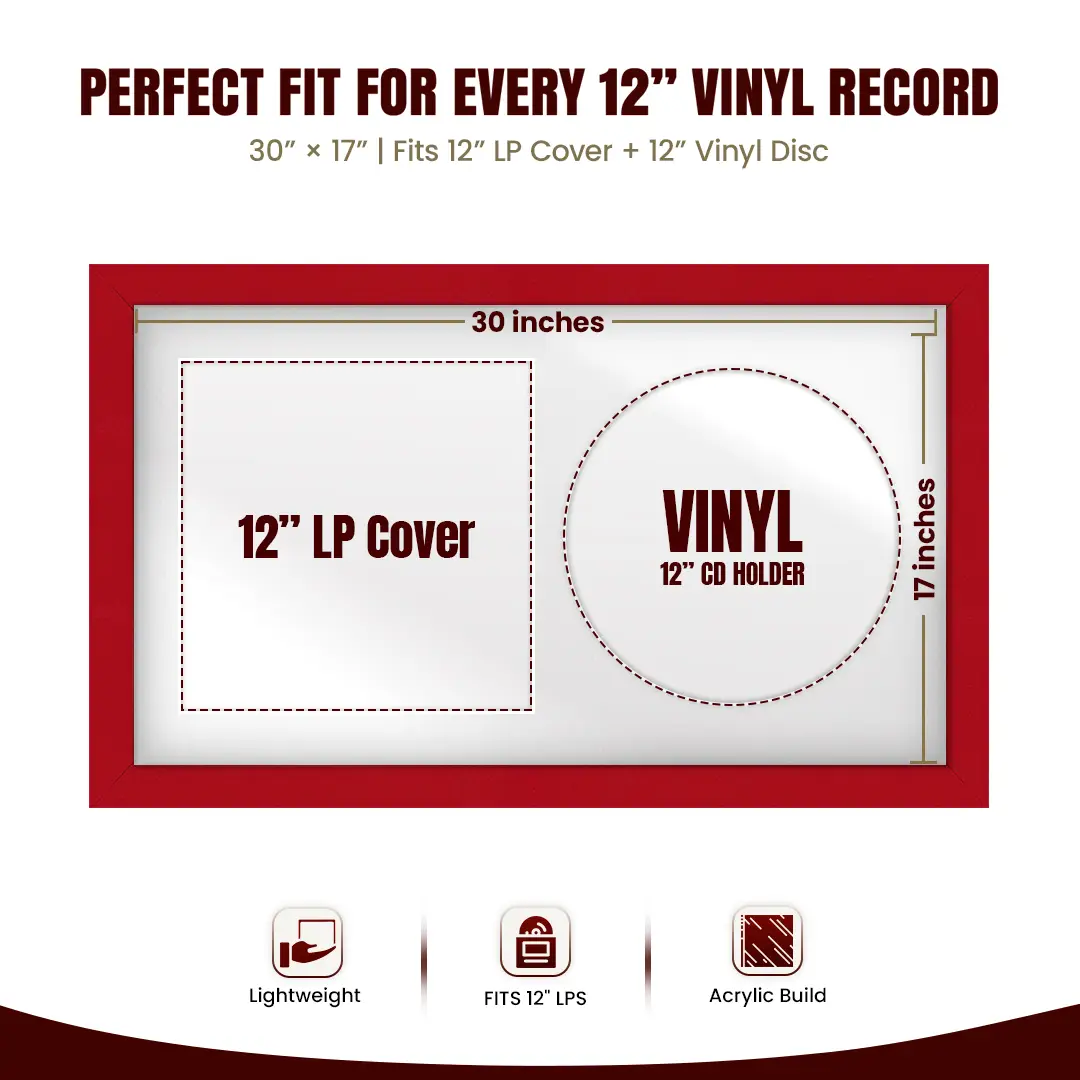 30x17" Modern Red Vinyl Record Frame With Ice White Mount | Side by Side 12" LP Cover & Disc Display thumbnail 3