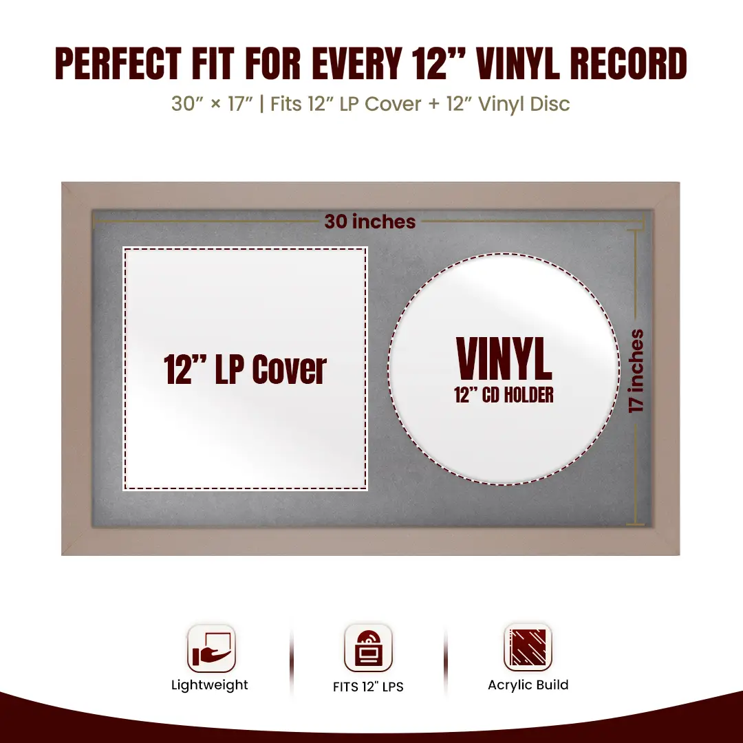 30x17" Modern Rose Gold Vinyl Record Frame With Mid Grey Mount | Displays 12" LP Cover & Disc Side by Side thumbnail 3