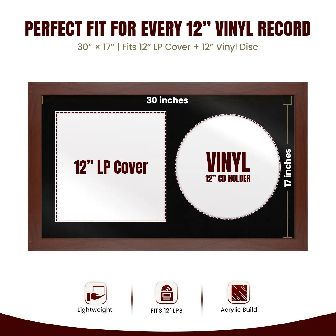 30x17" Modern Rose Wood Vinyl Record Frame With Black Mount | For 12" LP Cover and Disc Side By Side Display thumbnail 3
