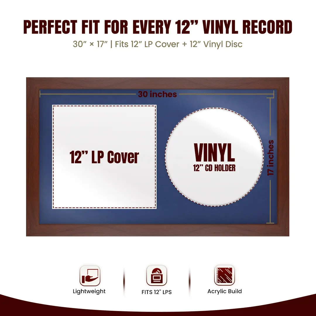 30x17" Modern Rose Wood Vinyl Record Frame With Blue Mount | For 12" LP Cover and Disc Side By Side Display thumbnail 3
