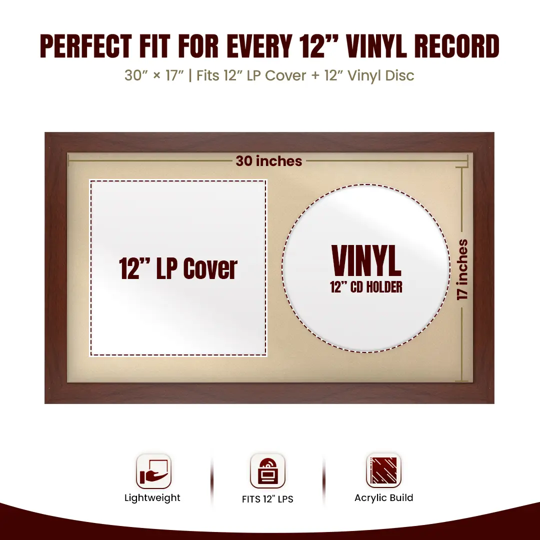 30x17" Modern Rose Wood Vinyl Record Frame With Ivory Mount | For 12" LP Cover and Disc Side By Side Display thumbnail 3