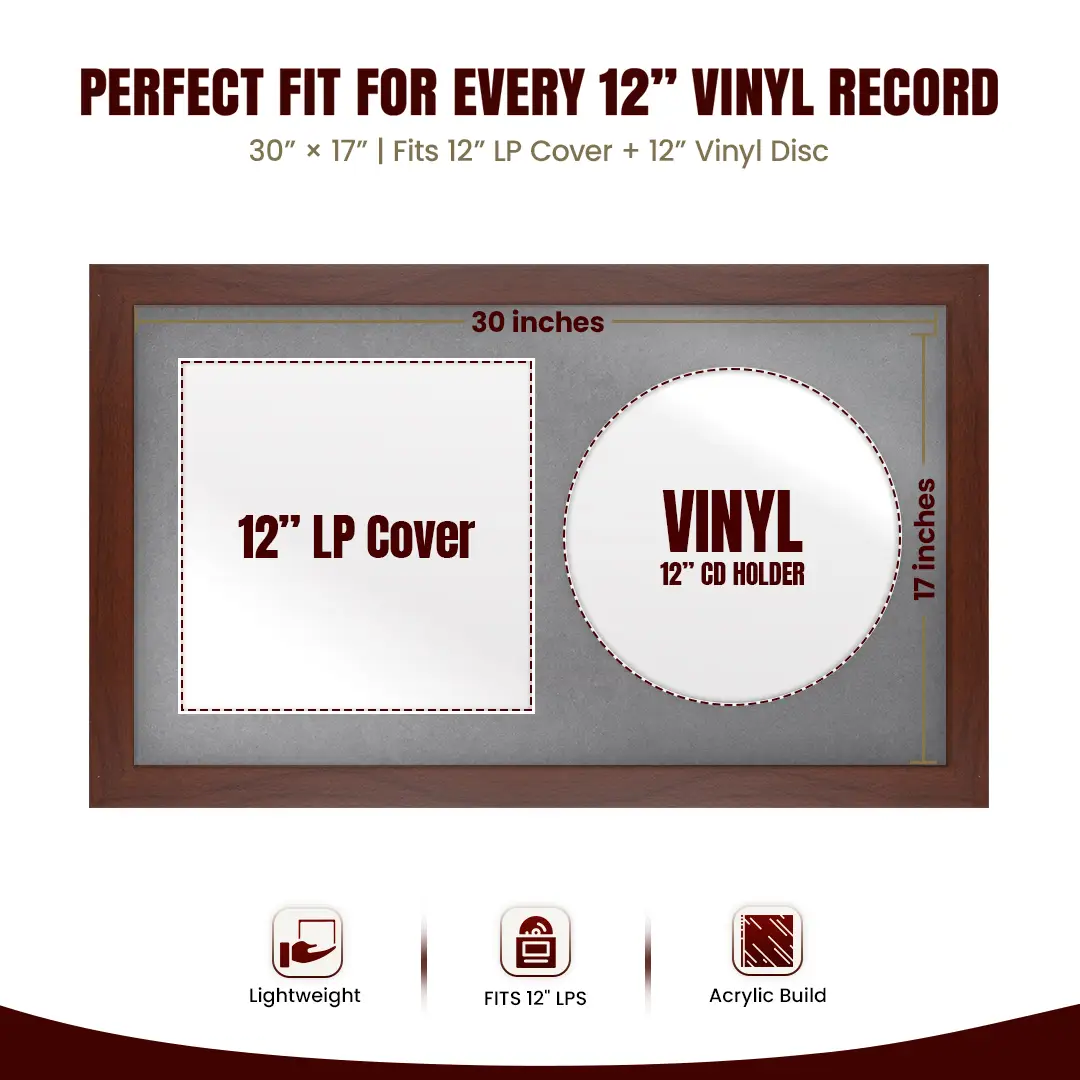 30x17" Modern Rose Wood Vinyl Record Frame With Mid Grey Mount | Side by Side 12" LP Cover & Disc Display thumbnail 3