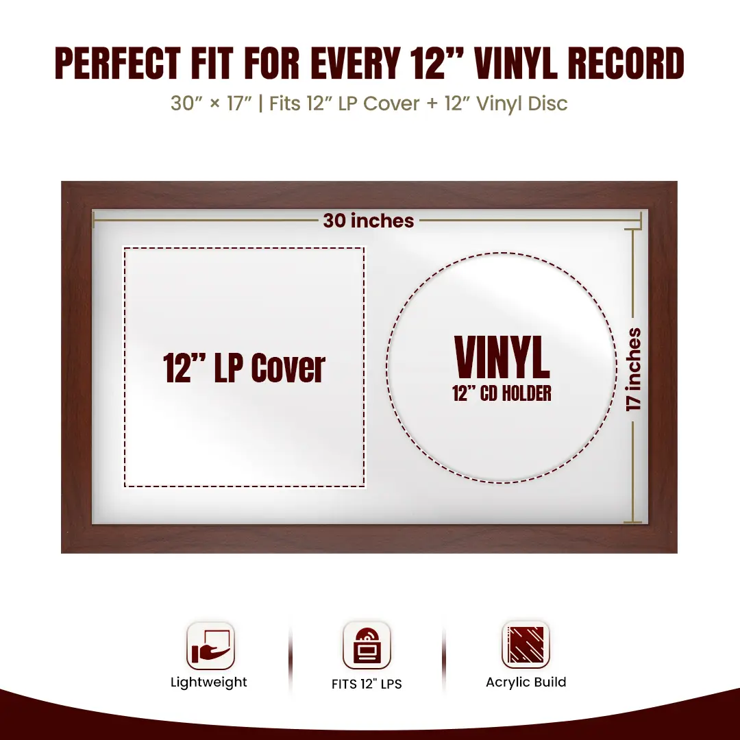30x17" Modern Rose Wood Vinyl Record Frame With Ice White Mount | For 12" LP Cover and Disc Side By Side Display thumbnail 3