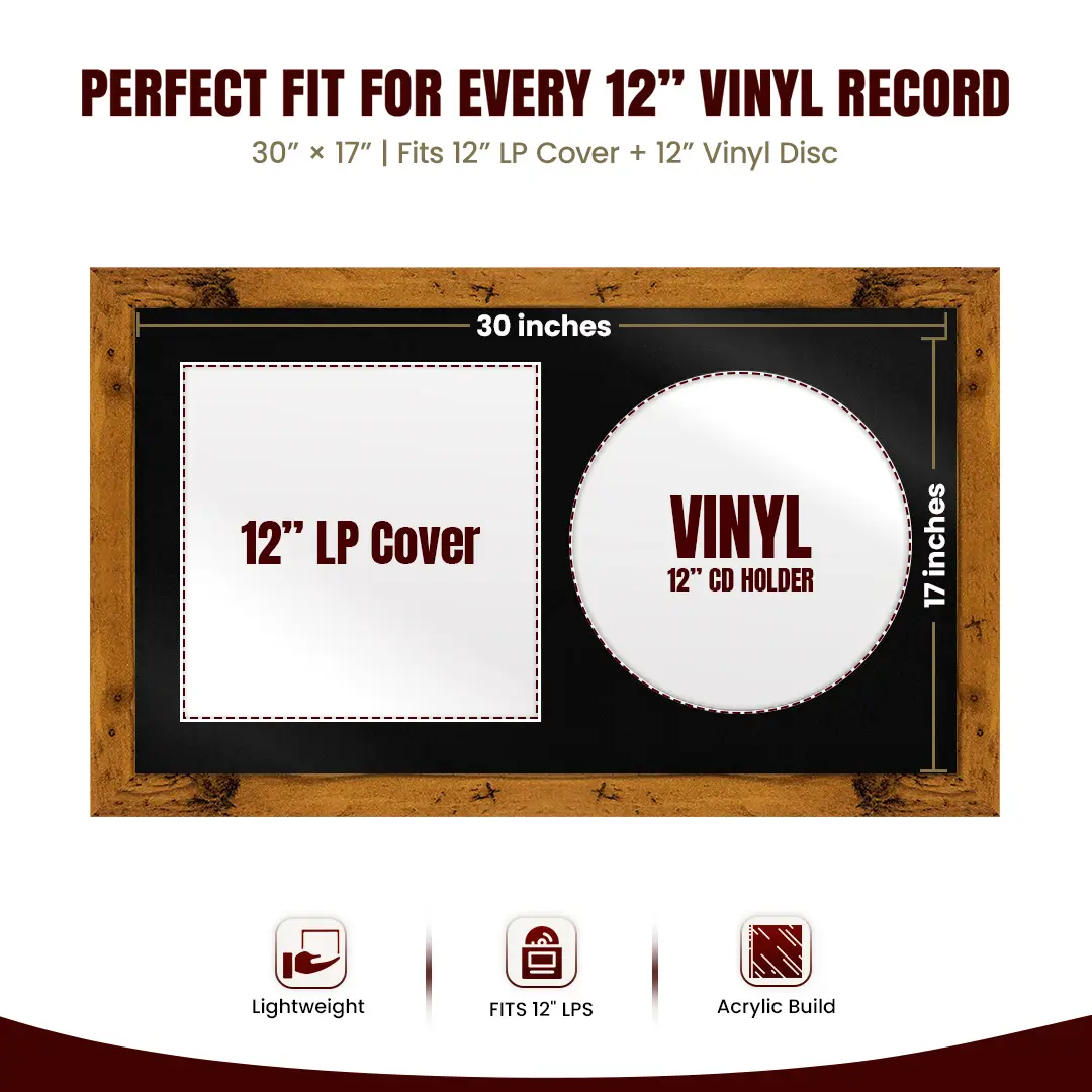 30x17" Modern Rustic Oak Vinyl Record Frame With Black Mount | Displays 12" LP Cover & Disc Side by Side thumbnail 3