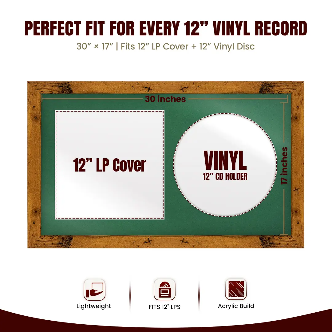 30x17" Modern Rustic Oak Vinyl Record Frame With Emerald (Green) Mount | Displays 12" LP Cover & Disc Side by Side thumbnail 3