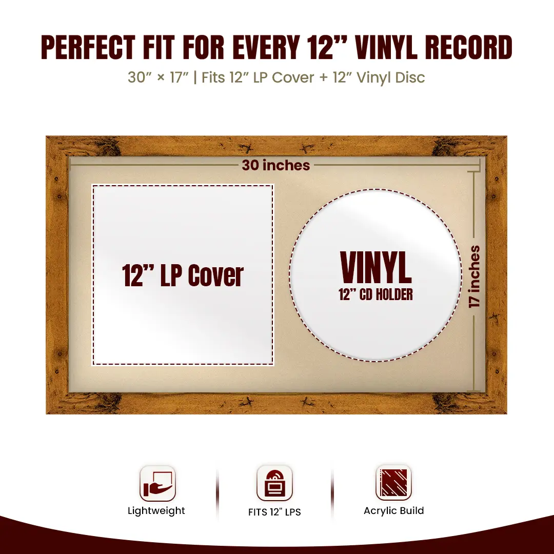 30x17" Modern Rustic Oak Vinyl Record Frame With Ivory Mount | Side by Side 12" LP Cover & Disc Display thumbnail 3