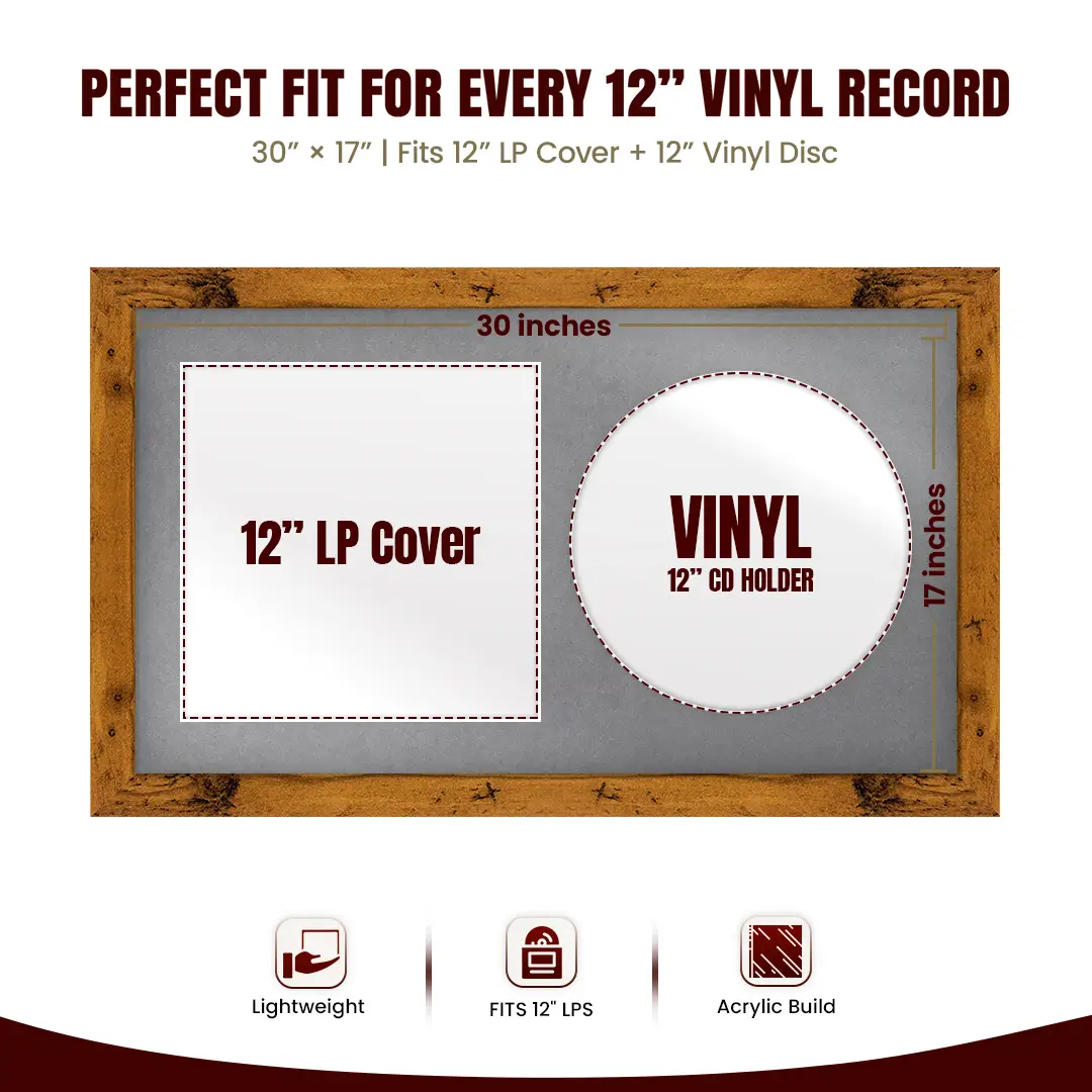 30x17" Modern Rustic Oak Vinyl Record Frame With Mid Grey Mount | Side by Side 12" LP Cover & Disc Display thumbnail 3