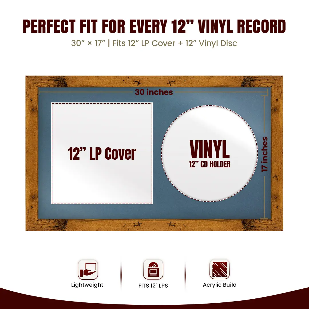30x17" Modern Rustic Oak Vinyl Record Frame With Pompador Mount | For 12" LP Cover and Disc Side By Side Display thumbnail 3