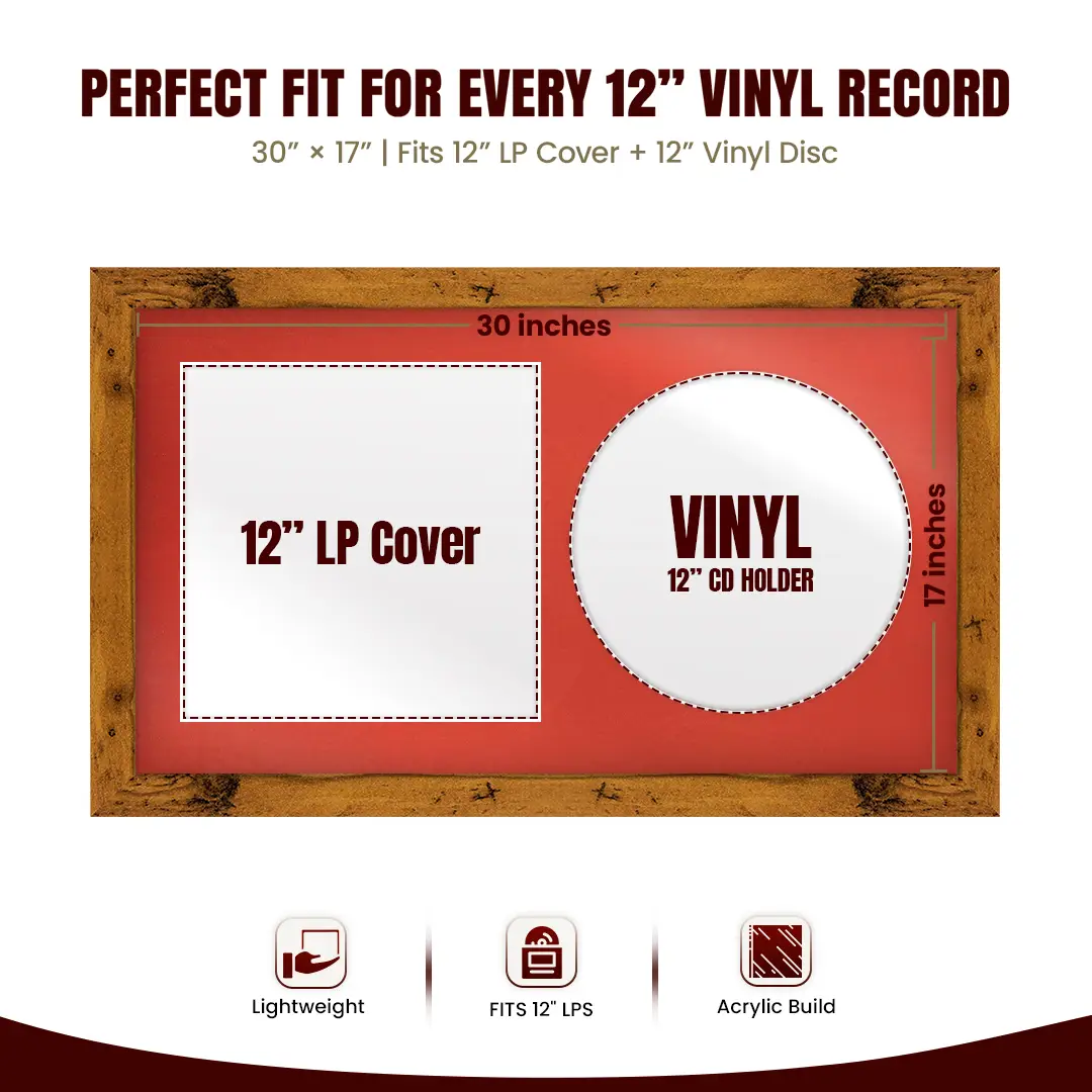30x17" Modern Rustic Oak Vinyl Record Frame With Poppy Red Mount | For 12" LP Cover and Disc Side By Side Display thumbnail 3