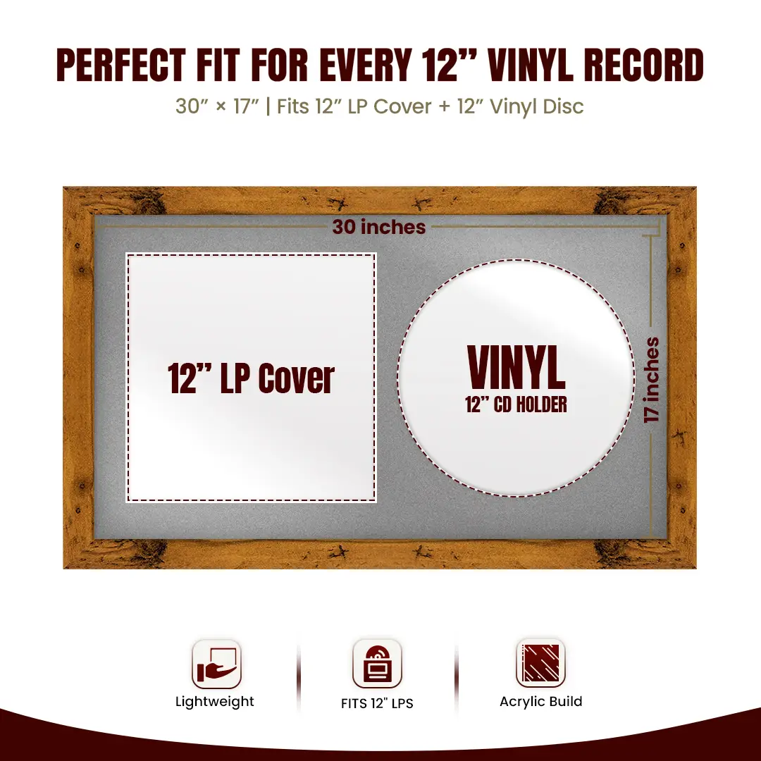 30x17" Modern Rustic Oak Vinyl Record Frame With Silver Mount | For 12" LP Cover and Disc Side By Side Display thumbnail 3