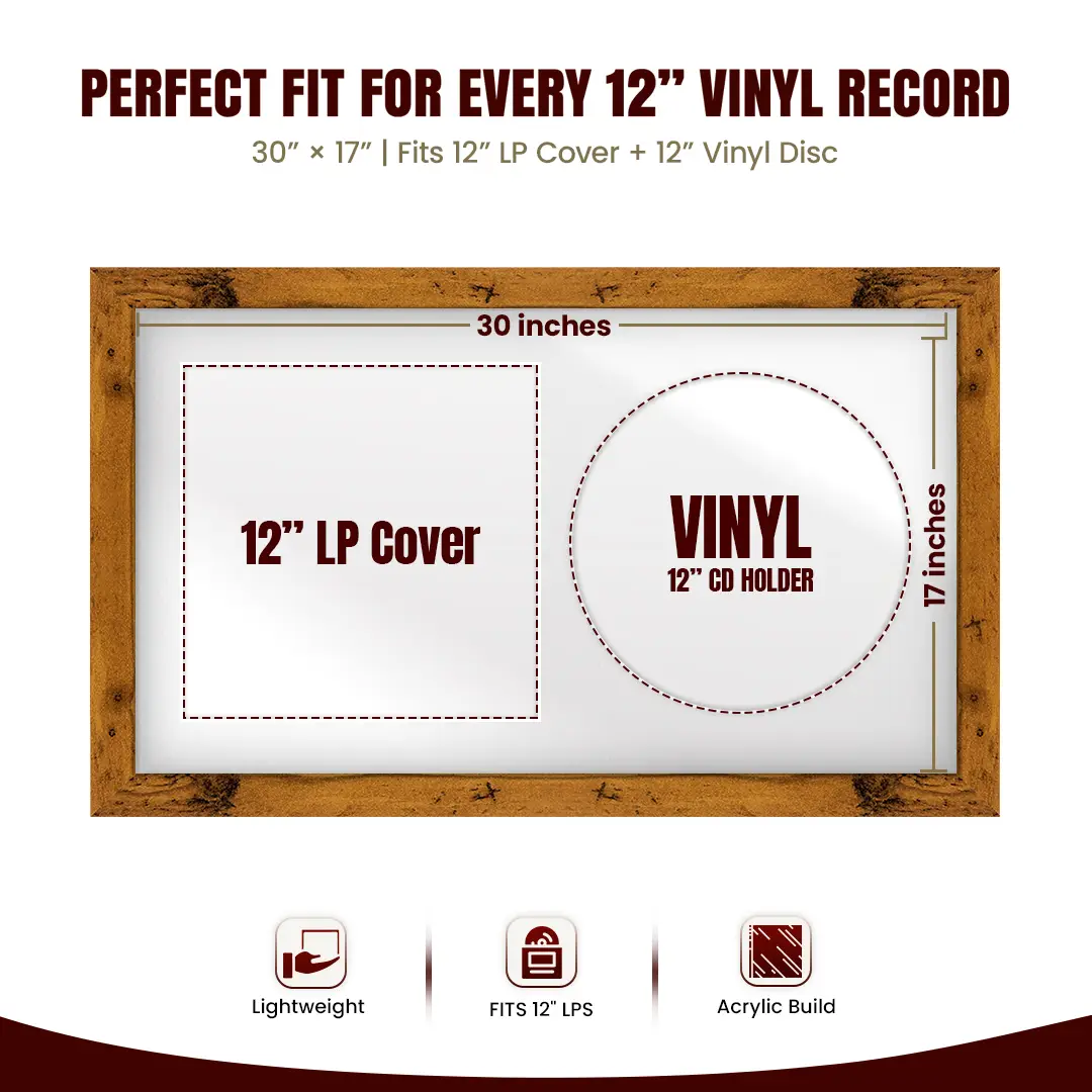 30x17" Modern Rustic Oak Vinyl Record Frame With Ice White Mount | Side by Side 12" LP Cover & Disc Display thumbnail 3