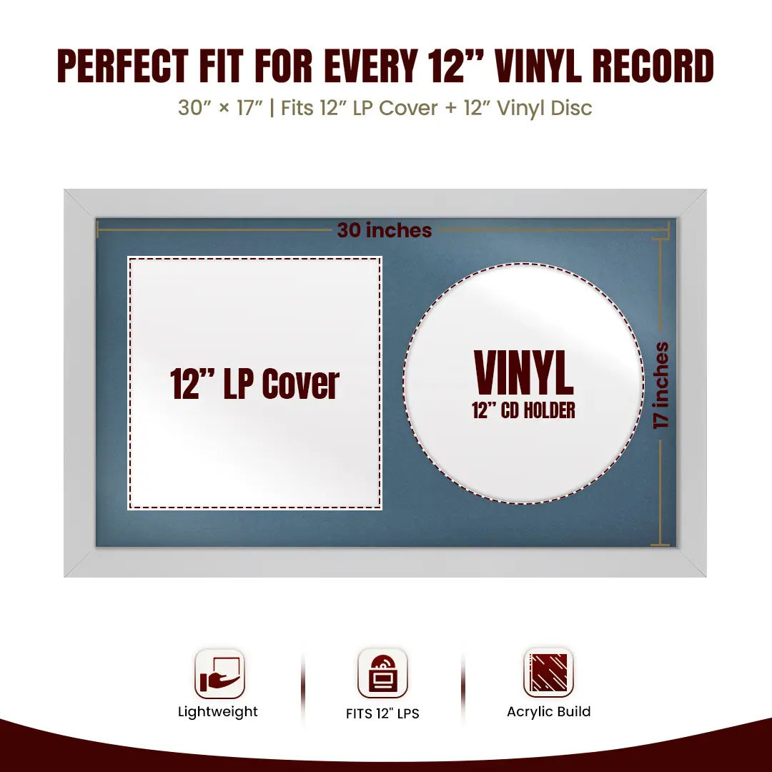30x17" Modern Silver Vinyl Record Frame With Pompador Mount | For 12" LP Cover and Disc Side By Side Display thumbnail 3