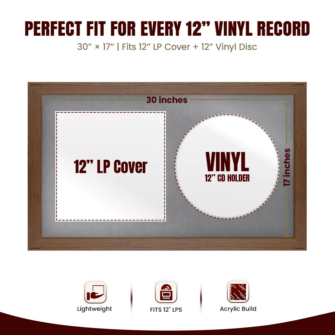 30x17" Modern Walnut Vinyl Record Frame With Mid Grey Mount | Side by Side 12" LP Cover & Disc Display thumbnail 3