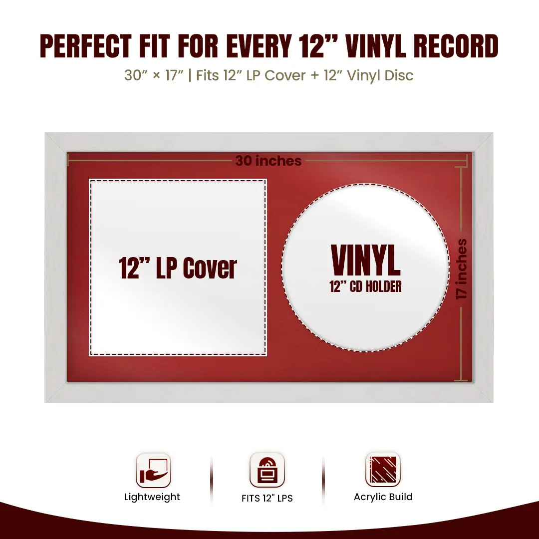 30x17" Modern Ash White Vinyl Record Frame With Crimson Mount | Displays 12" LP Cover & Disc Side by Side thumbnail 3