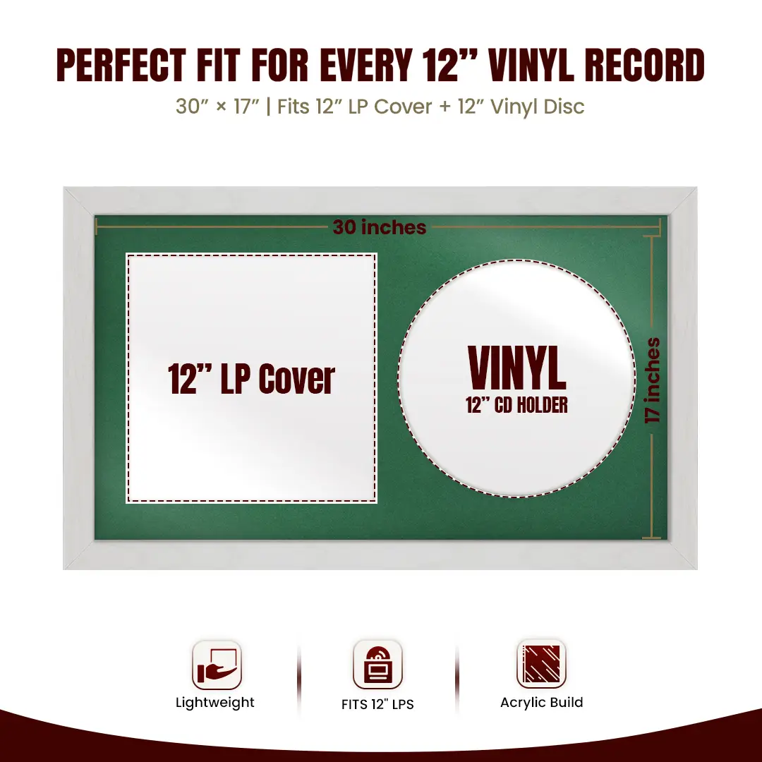 30x17" Modern Ash White Vinyl Record Frame With Emerald (Green) Mount | For 12" LP Cover and Disc Side By Side Display thumbnail 3