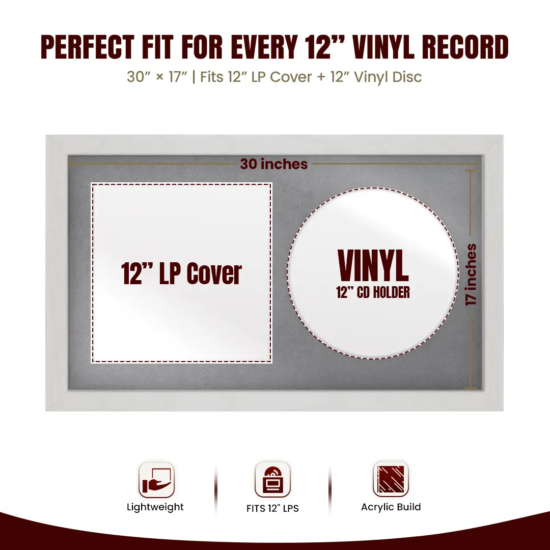 30x17" Modern Ash White Vinyl Record Frame With Mid Grey Mount | Displays 12" LP Cover & Disc Side by Side thumbnail 3