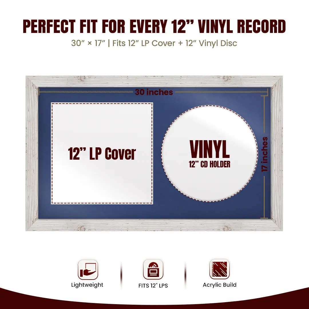 30x17" Modern White Rustic Vinyl Record Frame With Blue Mount | Displays 12" LP Cover & Disc Side by Side thumbnail 3