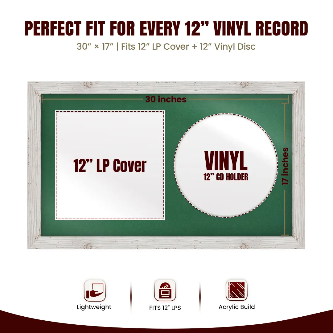 30x17" Modern White Rustic Vinyl Record Frame With Emerald (Green) Mount | For 12" LP Cover and Disc Side By Side Display thumbnail 3