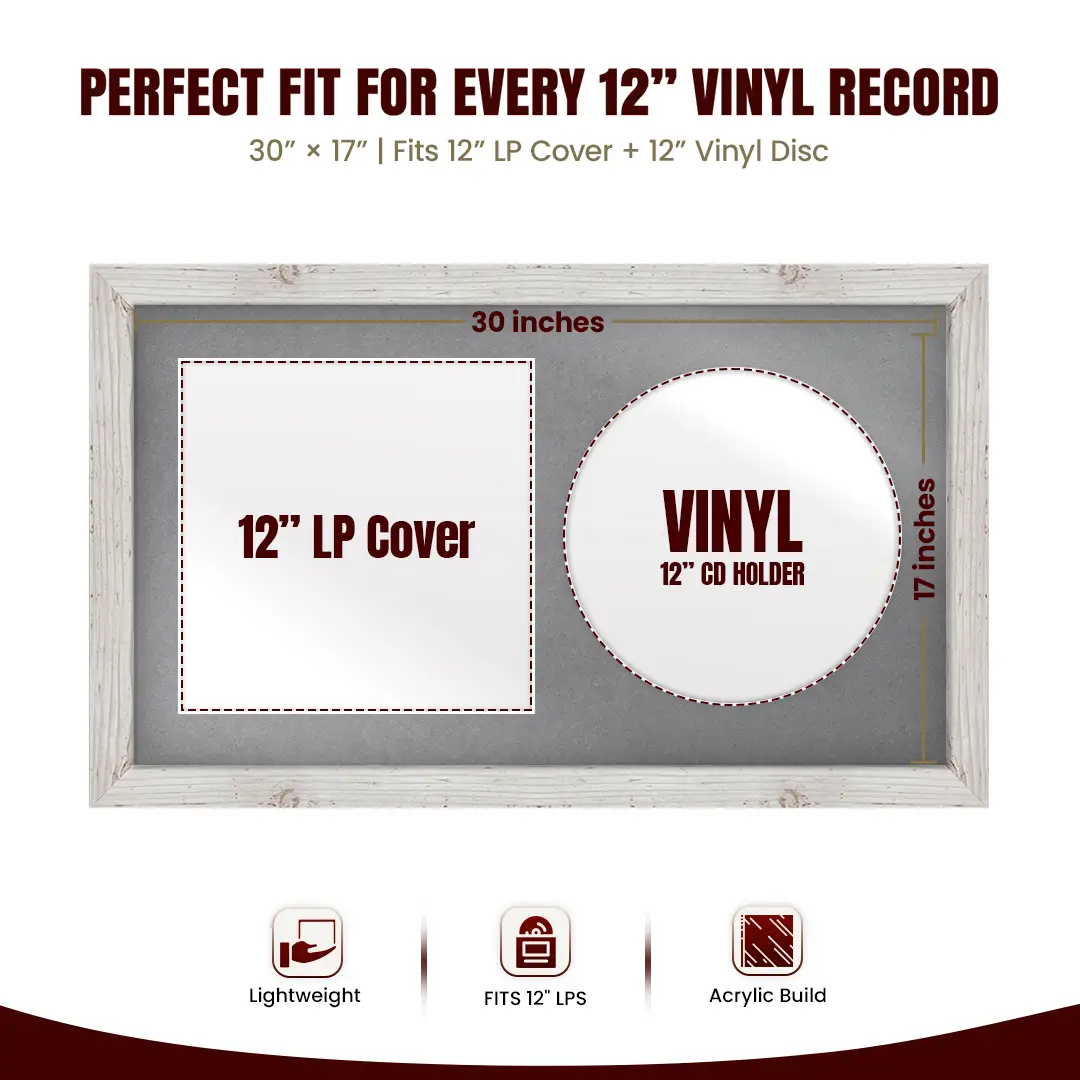 30x17" Modern White Rustic Vinyl Record Frame With Mid Grey Mount | Displays 12" LP Cover & Disc Side by Side thumbnail 3