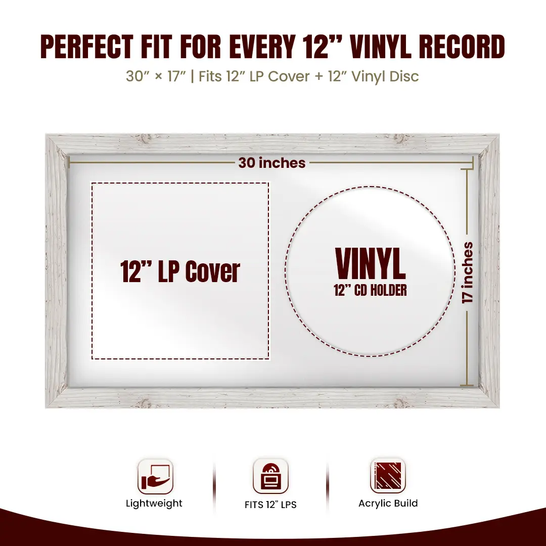 30x17" Modern White Rustic Vinyl Record Frame With Ice White Mount | For 12" LP Cover and Disc Side By Side Display thumbnail 3