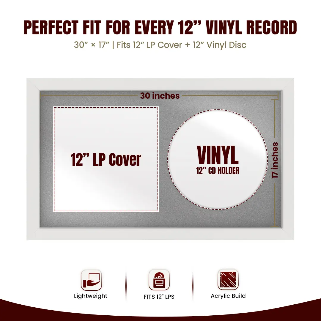30x17" Modern White Vinyl Record Frame With Silver Mount | Side by Side 12" LP Cover & Disc Display thumbnail 3