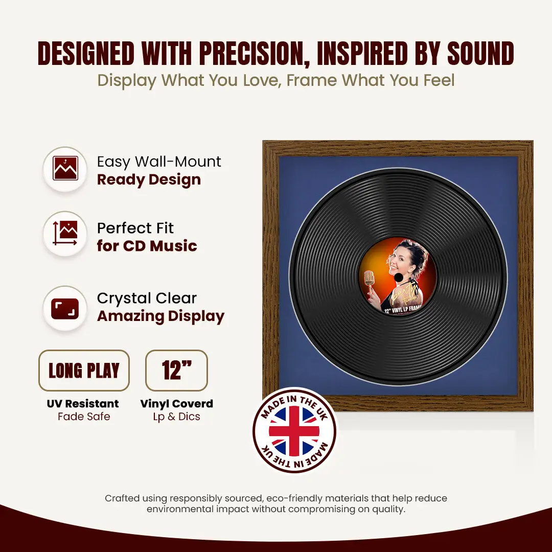 16x16" Modern Dark Oak Vinyl Record Frame With Blue Mount For 12" LP Discs | Premium Wall Frame For Music Enthusiasts thumbnail 8