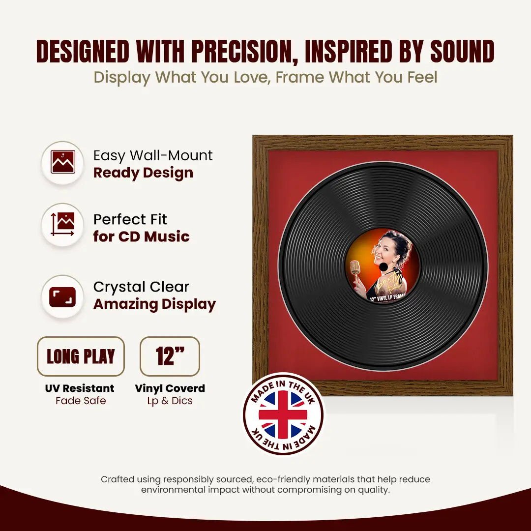 16x16" Modern Dark Oak Vinyl Record Frame With Crimson Mount For 12" LP Discs | Contemporary Wall Display thumbnail 8