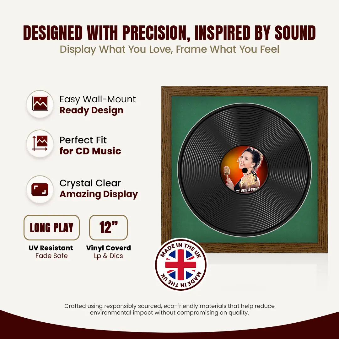 16x16" Modern Dark Oak Vinyl Record Frame With Emerald (Green) Mount For 12" LP Discs | Elegant Frame For Music Lovers thumbnail 8