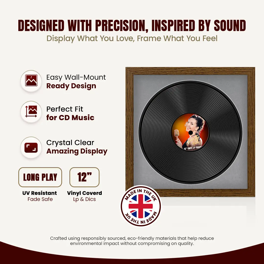 16x16" Modern Dark Oak Vinyl Record Frame With Mid Grey Mount For 12" LP Discs | Contemporary Wall Display thumbnail 8
