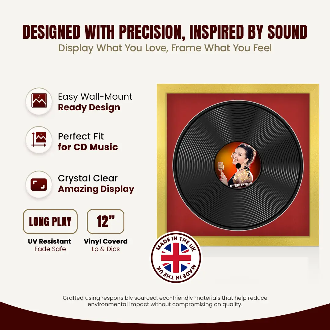 16x16" Modern Gold Vinyl Record Frame With Crimson Mount For 12" LP Discs | Contemporary Wall Display thumbnail 8