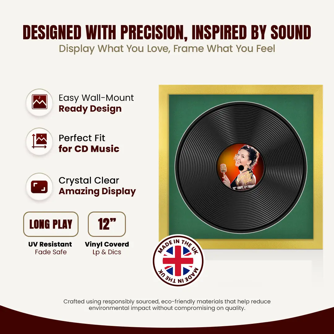 16x16" Modern Gold Vinyl Record Frame With Emerald (Green) Mount For 12" LP Discs | Elegant Frame For Music Lovers thumbnail 8