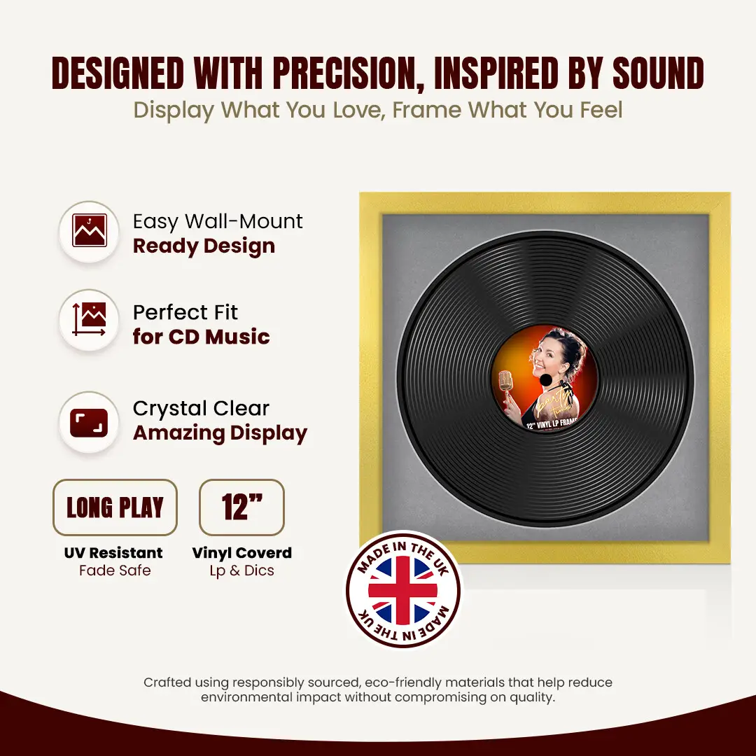 16x16" Modern Gold Vinyl Record Frame With Mid Grey Mount For 12" LP Discs | Contemporary Wall Display thumbnail 8