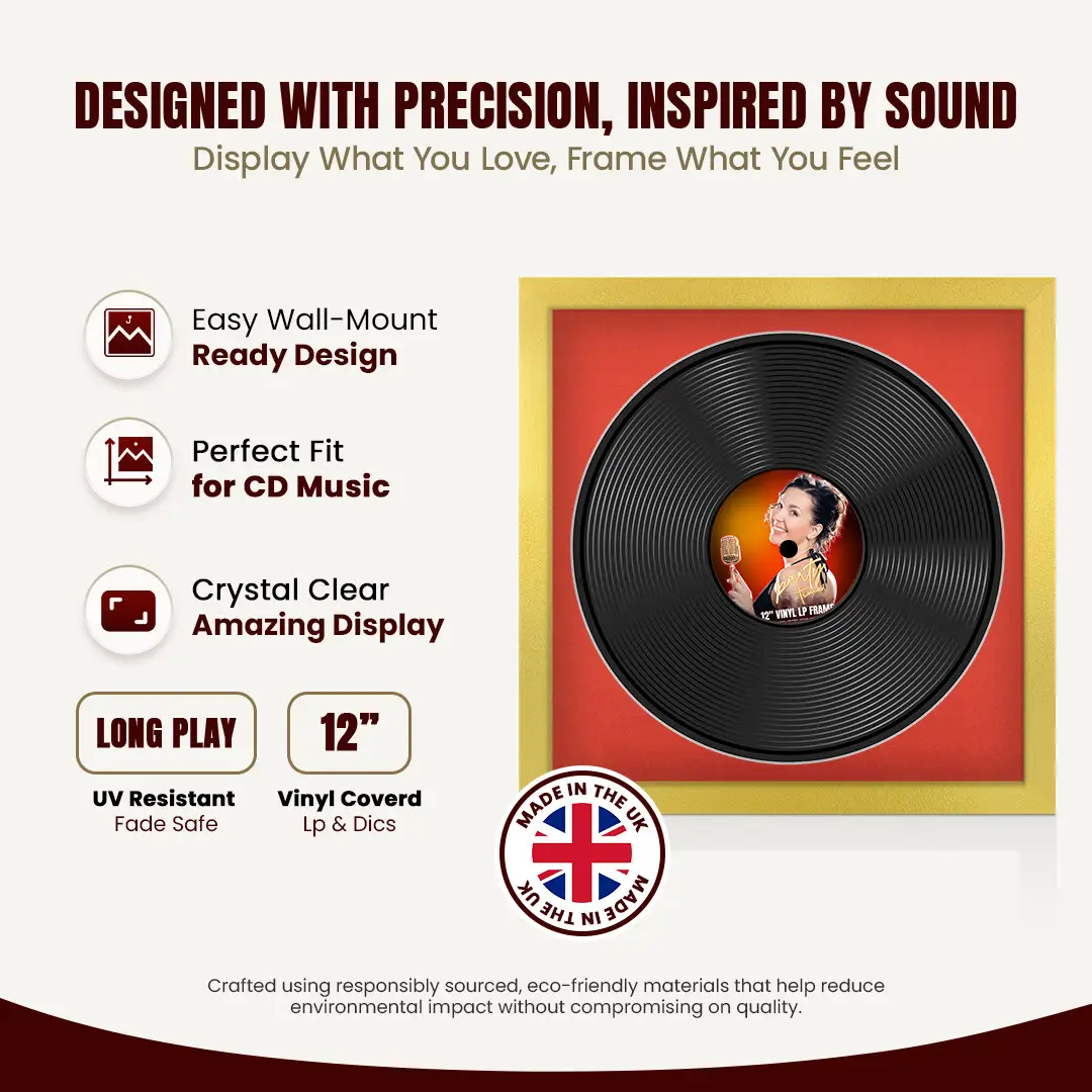 16x16" Modern Gold Vinyl Record Frame With Poppy Red Mount For 12" LP Discs | Elegant Frame For Music Lovers thumbnail 8