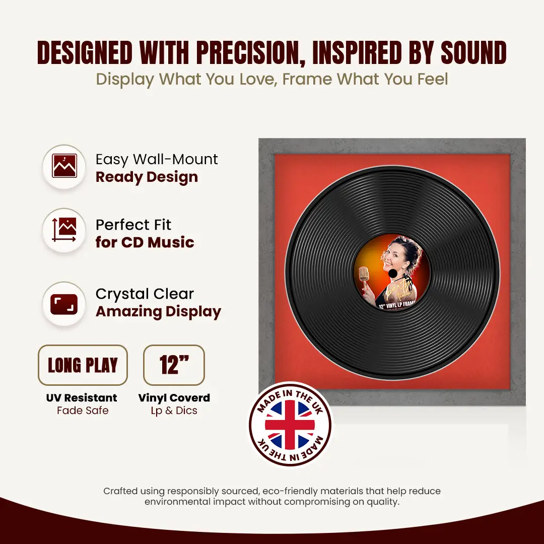 16x16" Modern Grey Marble Vinyl Record Frame With Poppy Red Mount For 12" LP Discs | Elegant Frame For Music Lovers thumbnail 8