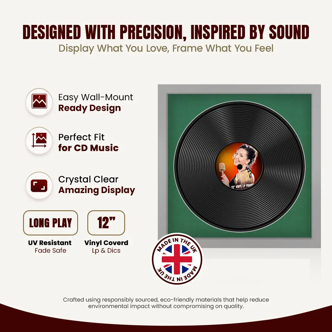 16x16" Modern Light Grey Vinyl Record Frame With Emerald (Green) Mount For 12" LP Discs | Premium Wall Frame For Music Enthusiasts thumbnail 8