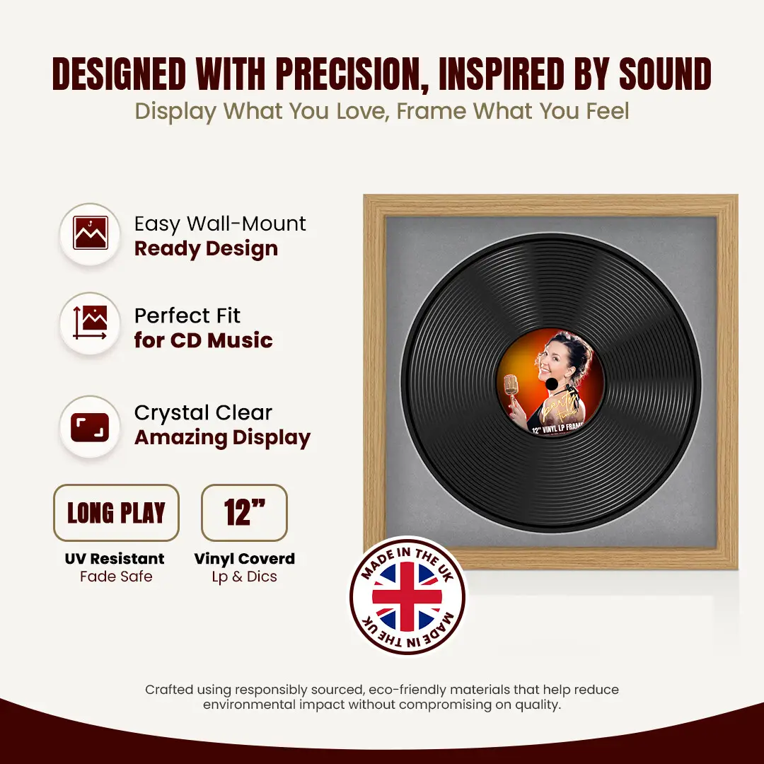 16x16" Modern Light Oak Vinyl Record Frame With Mid Grey Mount For 12" LP Discs | Contemporary Wall Display thumbnail 8