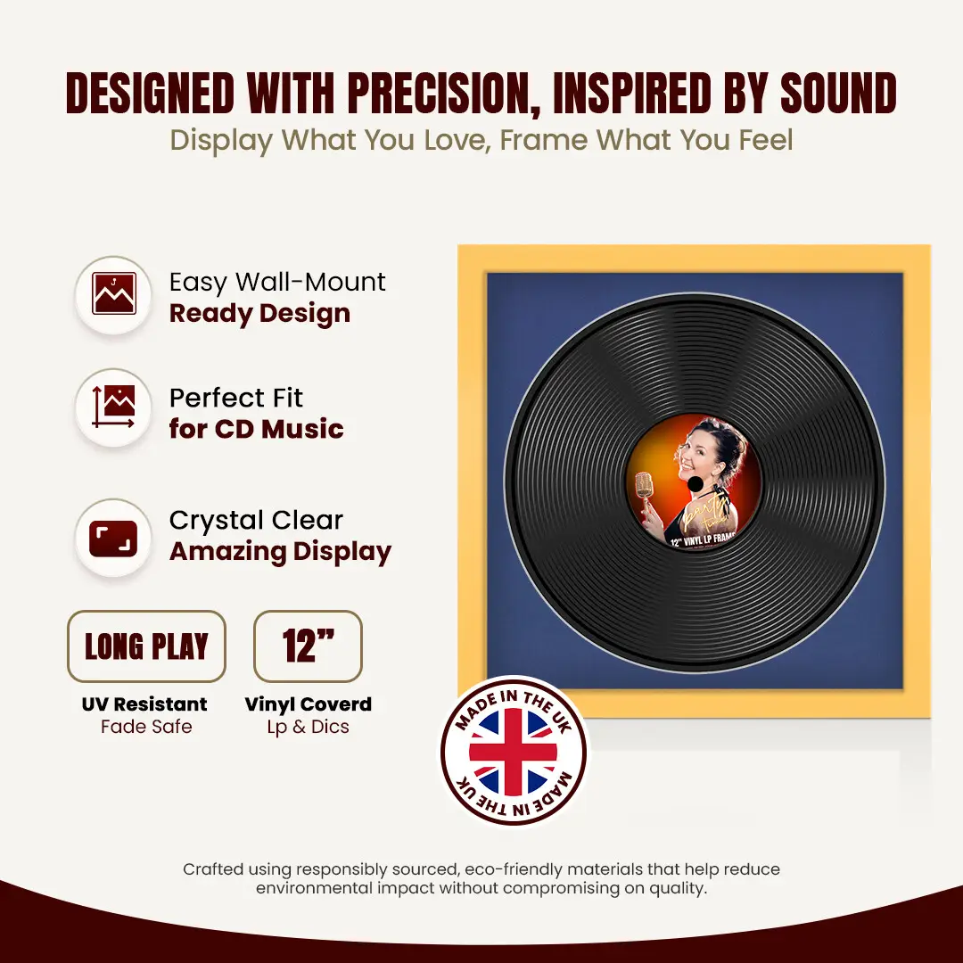 16x16" Modern Mustard Yellow Vinyl Record Frame With Blue Mount For 12" LP Discs | Premium Wall Frame For Music Enthusiasts thumbnail 8