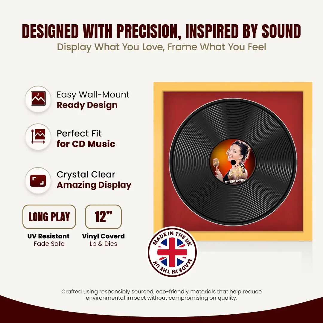 16x16" Modern Mustard Yellow Vinyl Record Frame With Crimson Mount For 12" LP Discs | Elegant Frame For Music Lovers thumbnail 8