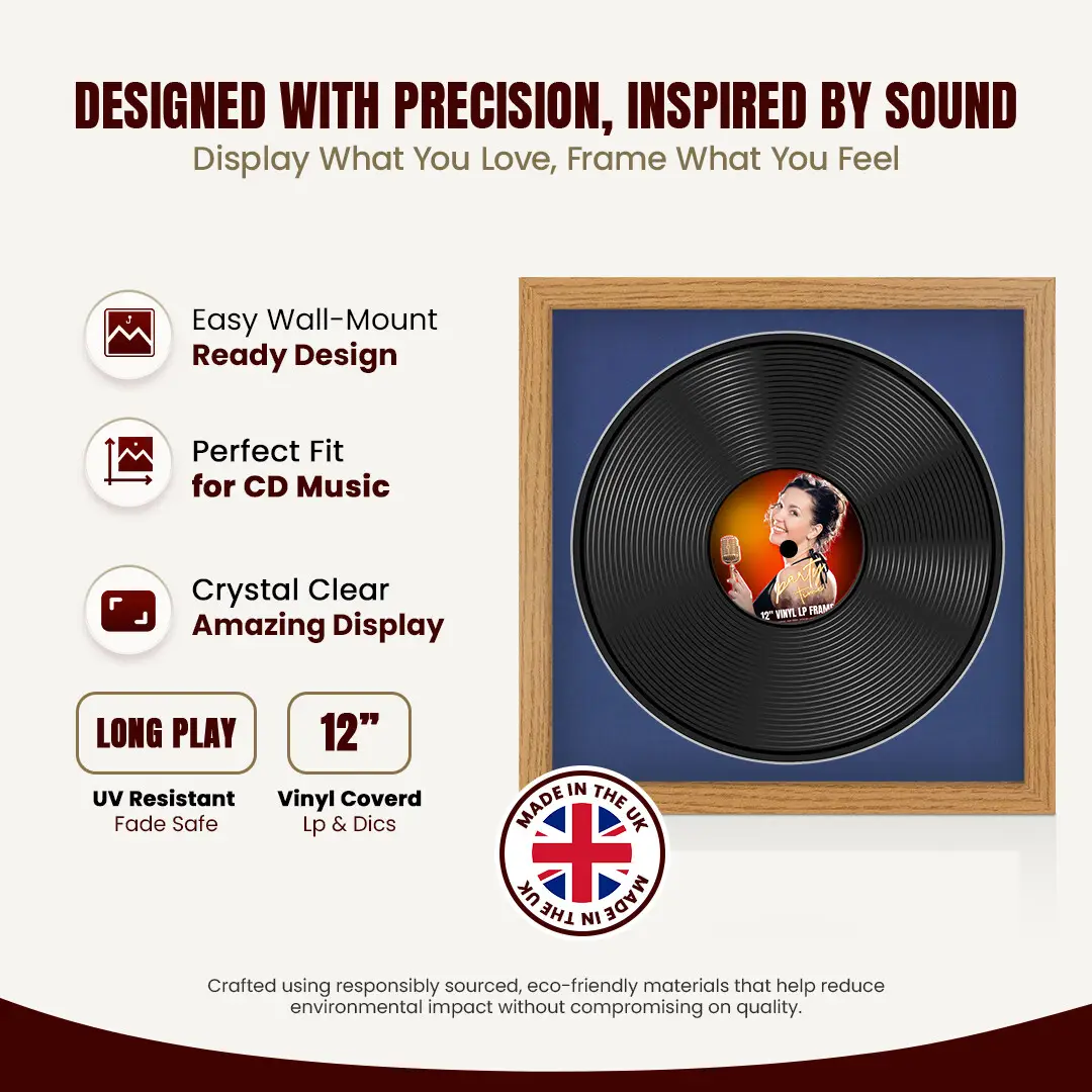 16x16" Modern Oak Vinyl Record Frame With Blue Mount For 12" LP Discs | Elegant Frame For Music Lovers thumbnail 8