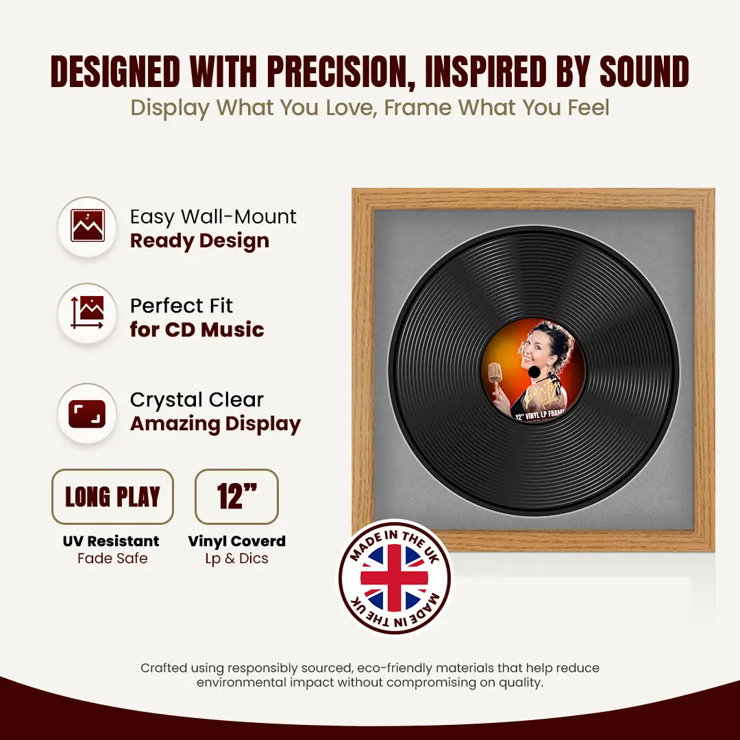 16x16" Modern Oak Vinyl Record Frame With Mid Grey Mount For 12" LP Discs | Premium Wall Frame For Music Enthusiasts thumbnail 8