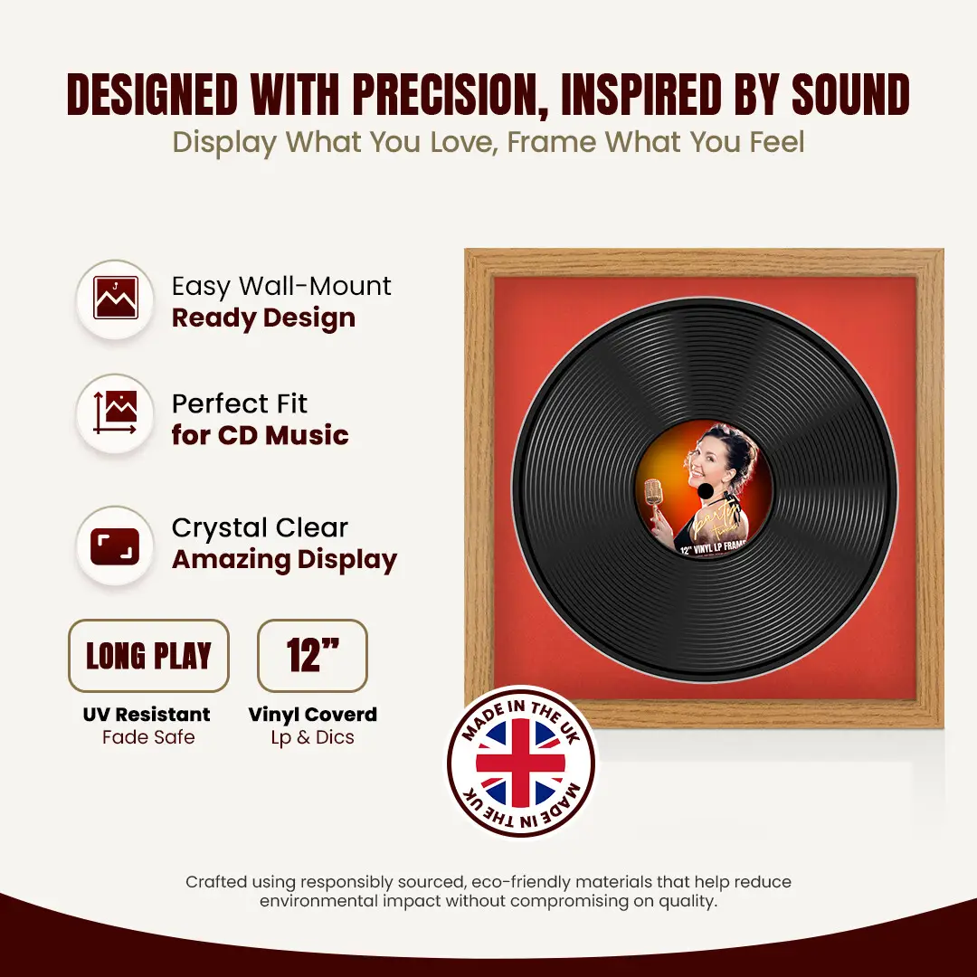 16x16" Modern Oak Vinyl Record Frame With Poppy Red Mount For 12" LP Discs | Premium Wall Frame For Music Enthusiasts thumbnail 8