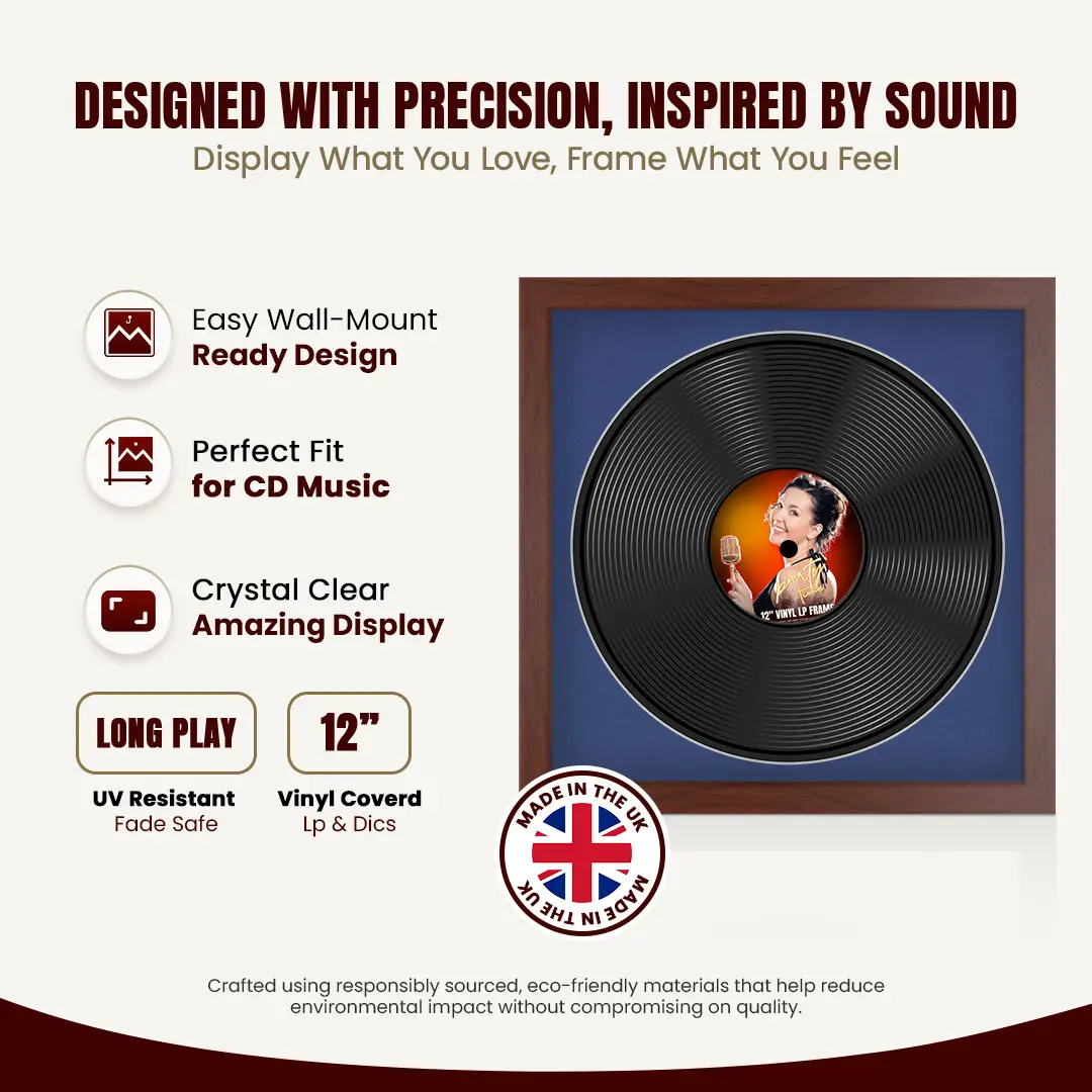 16x16" Modern Rose Wood Vinyl Record Frame With Blue Mount For 12" LP Discs | Contemporary Wall Display thumbnail 8