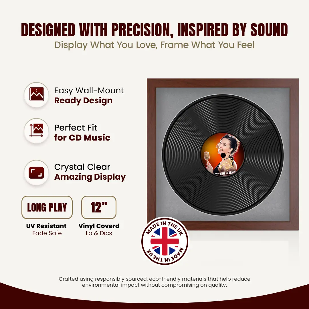 16x16" Modern Rose Wood Vinyl Record Frame With Mid Grey Mount For 12" LP Discs | Elegant Frame For Music Lovers thumbnail 8