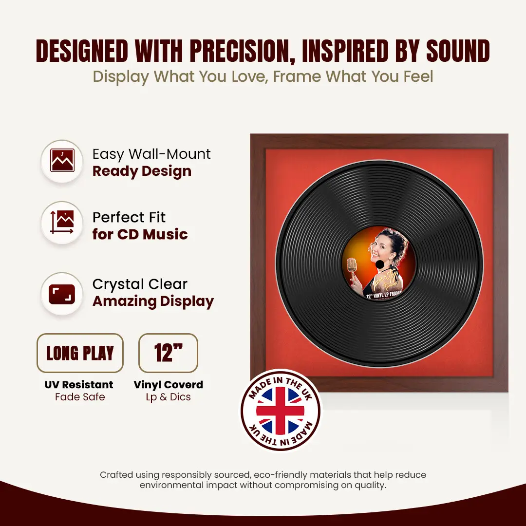16x16" Modern Rose Wood Vinyl Record Frame With Poppy Red Mount For 12" LP Discs | Elegant Frame For Music Lovers thumbnail 8