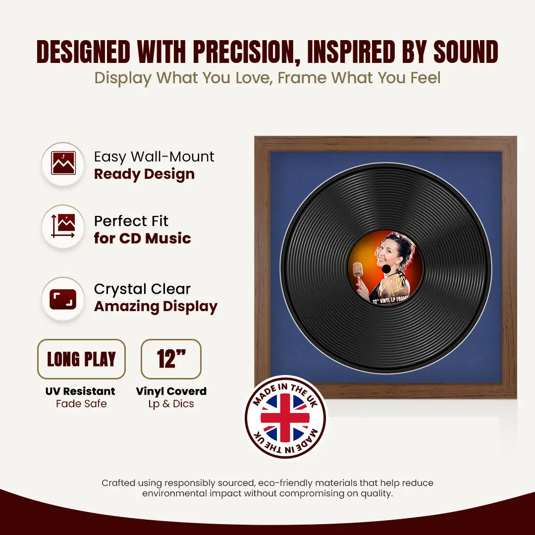 16x16" Modern Walnut Vinyl Record Frame With Blue Mount For 12" LP Discs | Contemporary Wall Display thumbnail 8